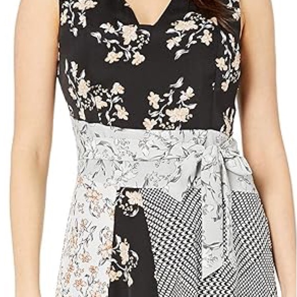 Calvin Klein Satin Mixed Floral Patterns Sleeveless V-Neck Belted Dress Sz 10 - Picture 6 of 13